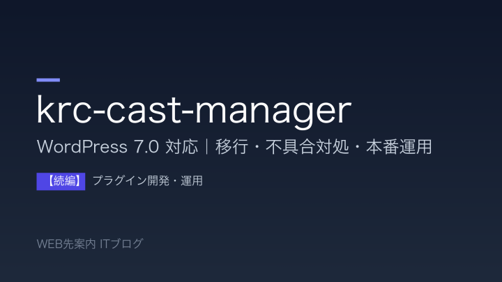krc-cast-manager を WordPress 7.0 に対応させる続編記事のアイキャッチ